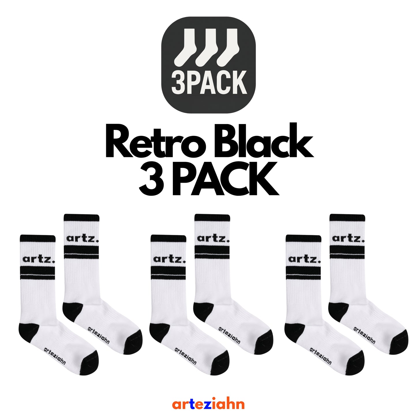 Retro Off-Black (3PACK) Siyah - Beyaz Unisex Lifestyle & Spor Organik 3'lü Çorap Seti