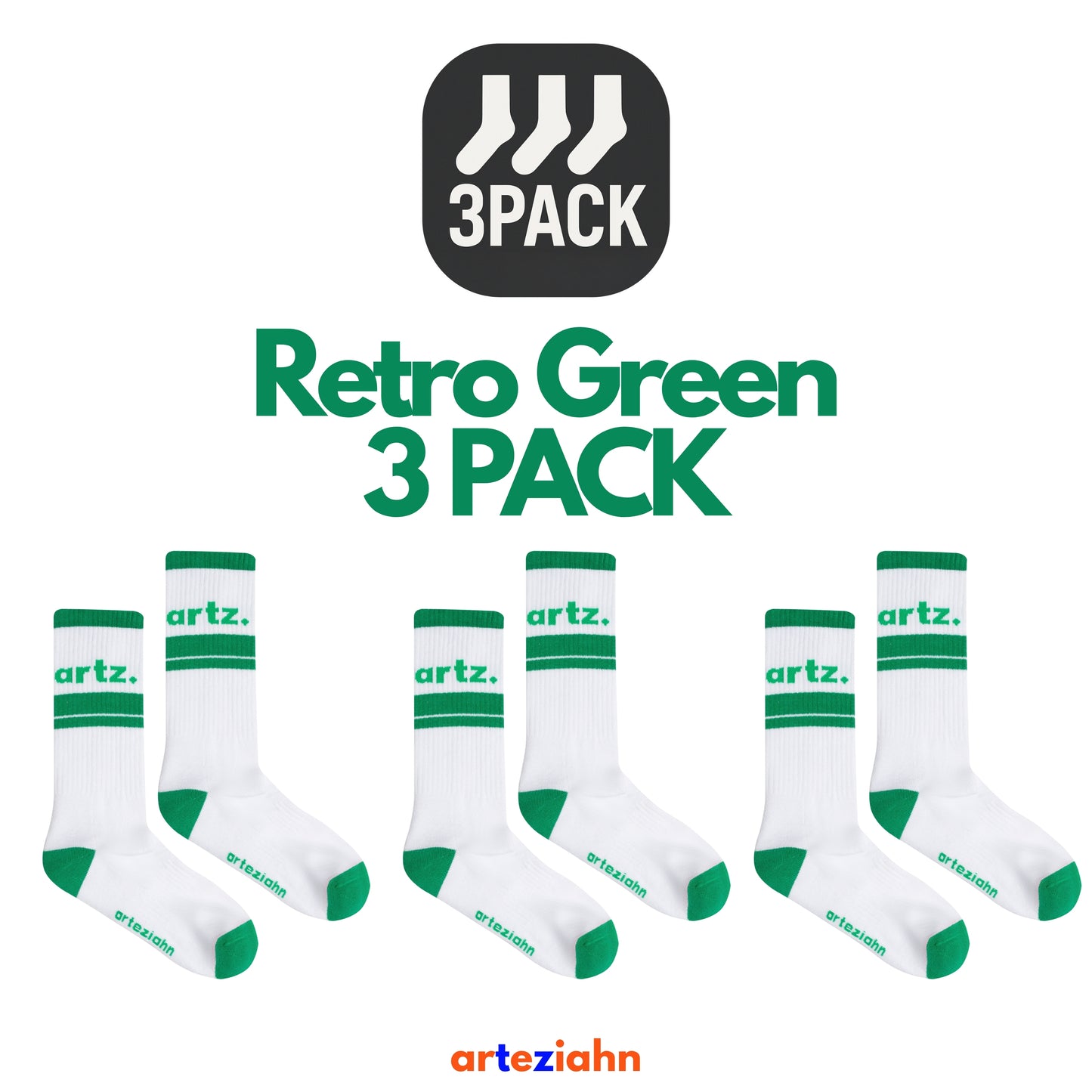 Retro Ever Green (3PACK) Yeşil - Beyaz Unisex Lifestyle & Spor Organik 3'lü Çorap Seti
